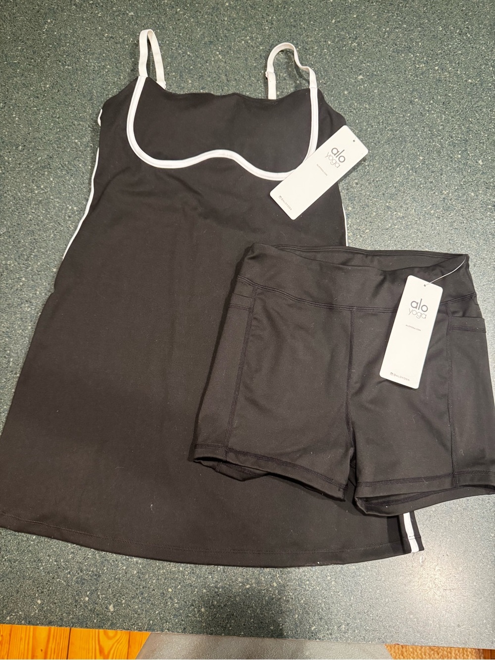 ALO Yoga Black Dress with White Trim and Black Shorts Set